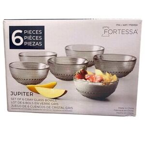 Fortessa Jupiter Smokey Gray Glass Bowls Set‎ of 6 NIB